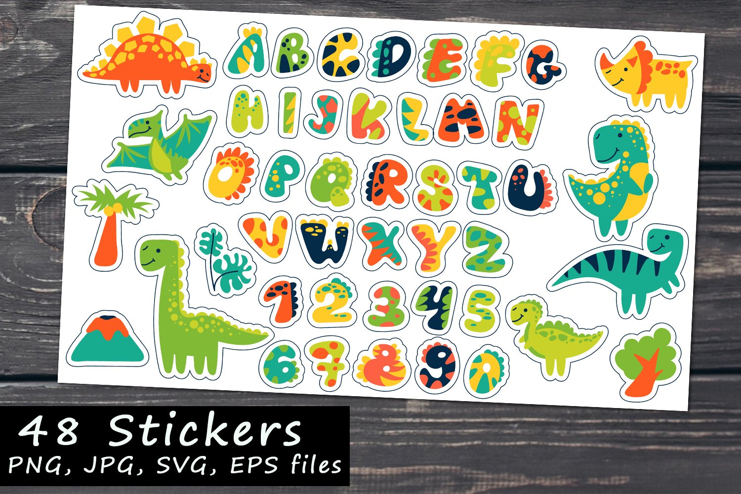 48 stickers. Dinosaurs, alphabet and numbers.