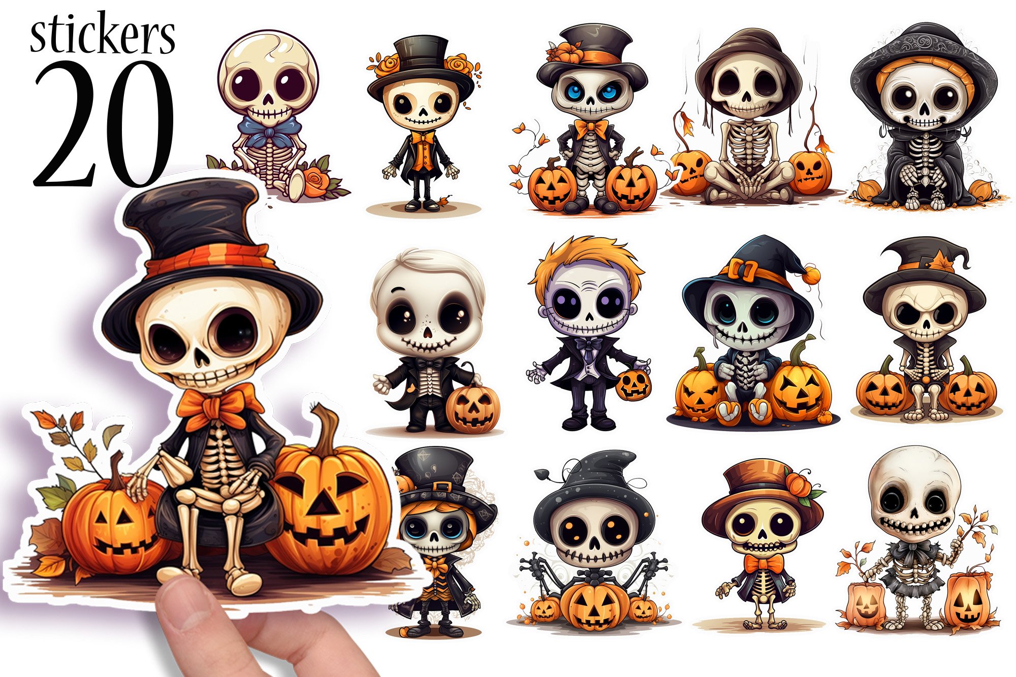 Pumpkins and Skeletons - Cute Halloween Stickers Print   Cut