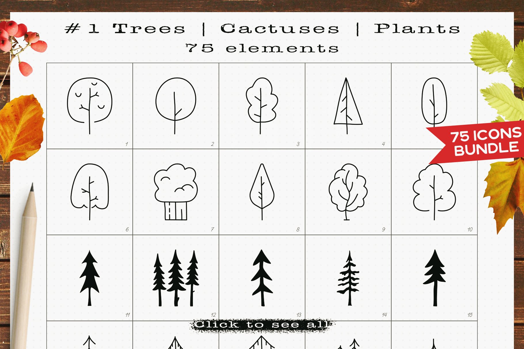 Trees SVG Icons Bundle Line Art Silhouette Cut Files DXF