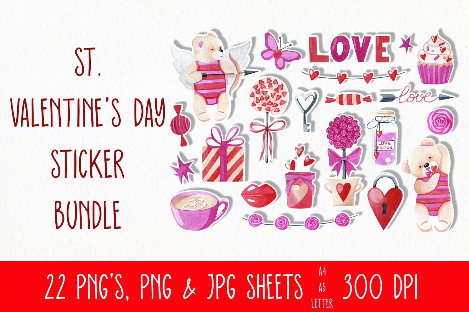 St. Valentines day printable stickers bundle- sticker sheet