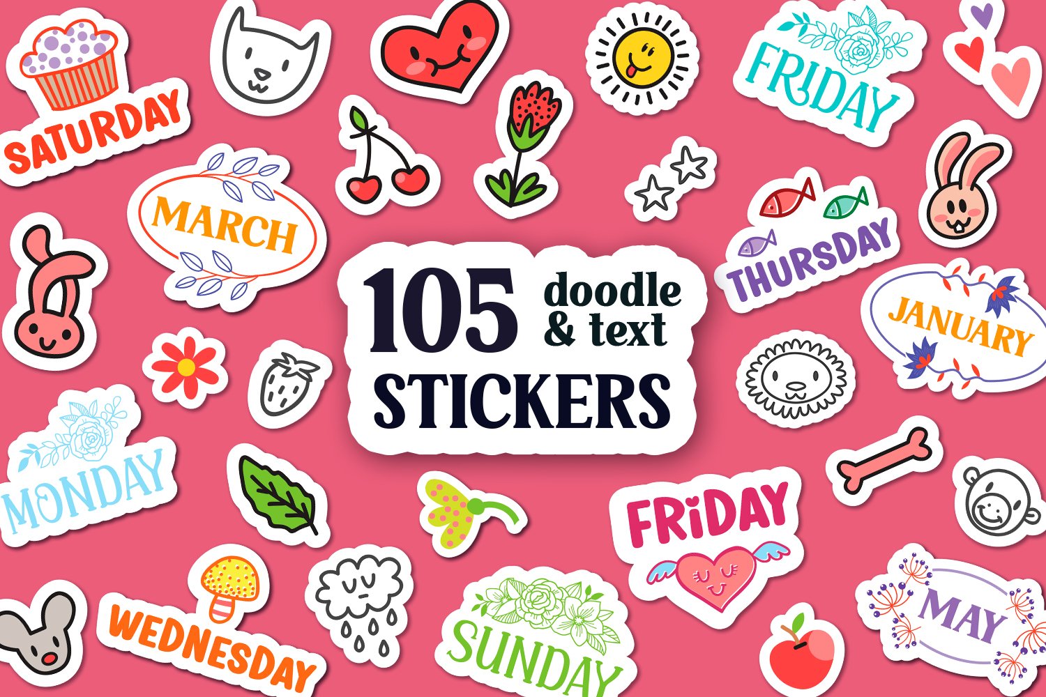 Doodle and Text Stickers| 105 PNG items
