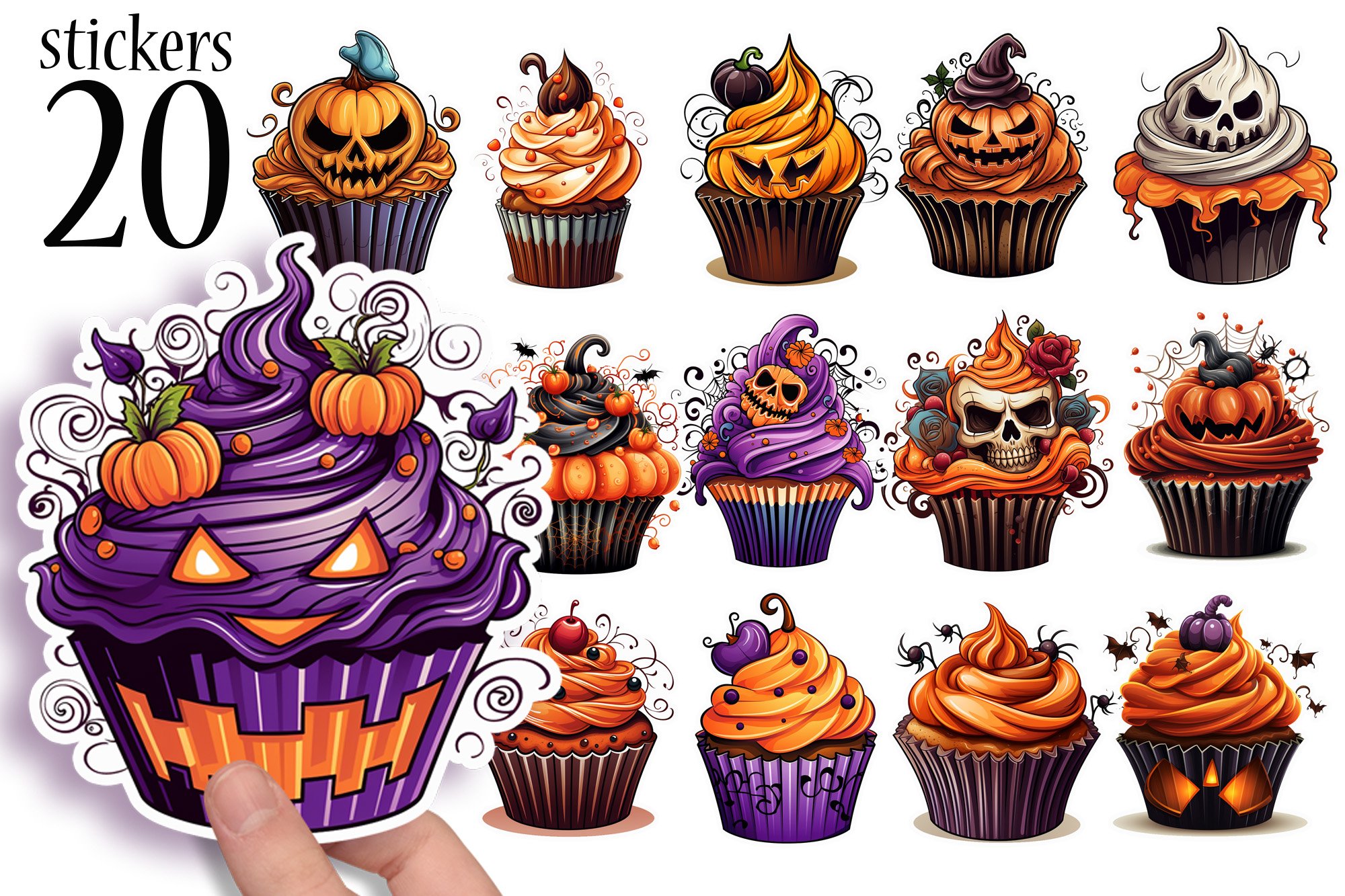 Cute Halloween Stickers - 20 Cute Cupcake Stickers PNG