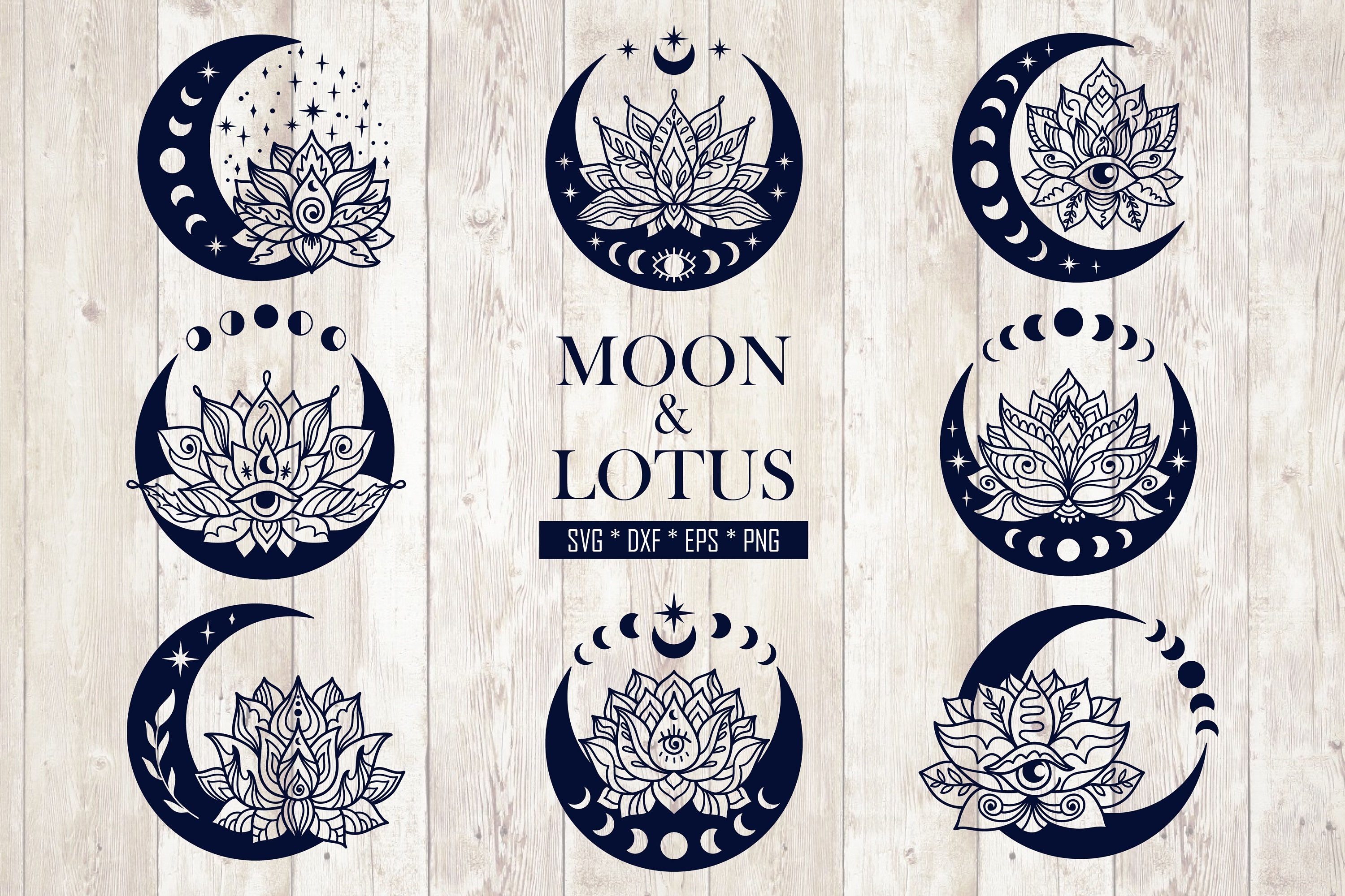Mandala Moon and Lotus Flower Svg Bundle. Mystical Clipart.