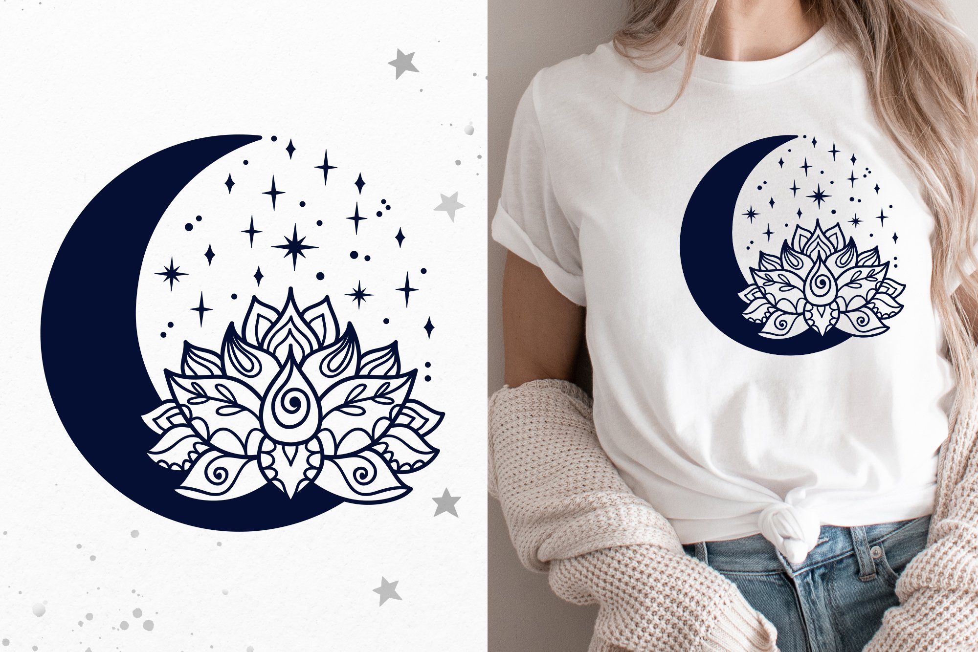 Mandala Moon and Lotus Flower Svg Bundle. Mystical Clipart. view 3