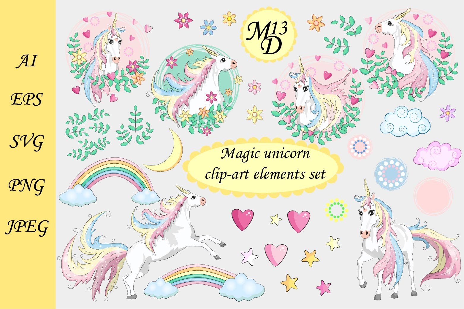 Magic Unicorn clip-art elements set