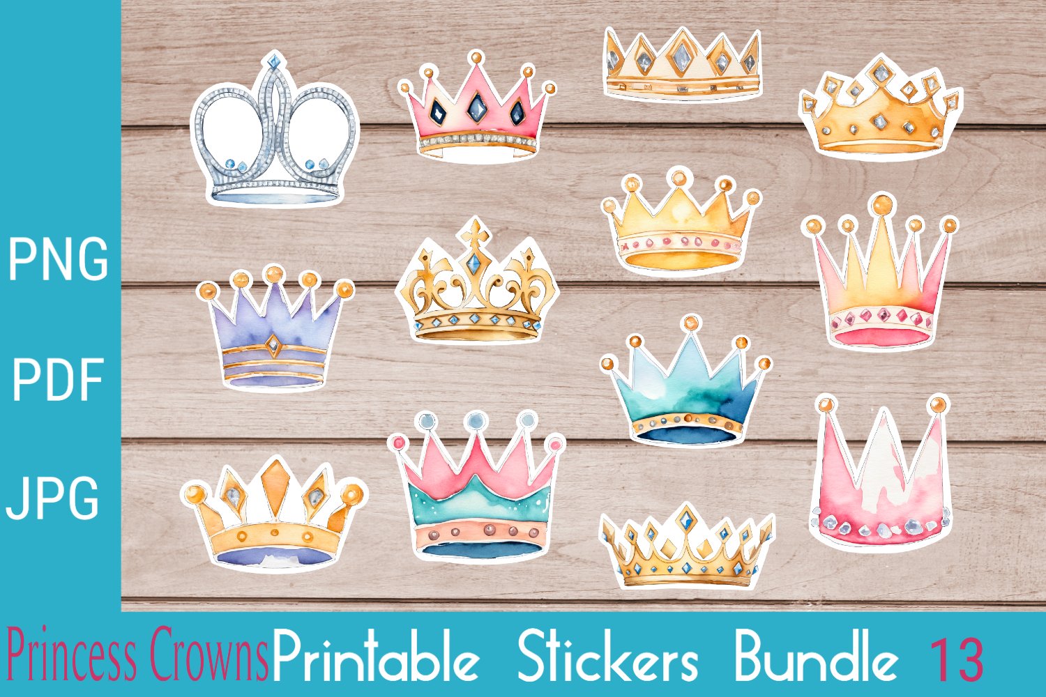 Princess Crowns Stickers Bundle in Watercolor 13 Designs