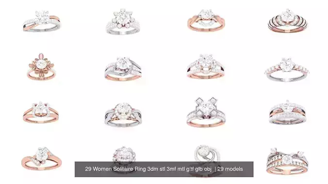29 Women Solitaire Ring 3dm stl 3mf mtl gltf glb obj  3D Model Pack
