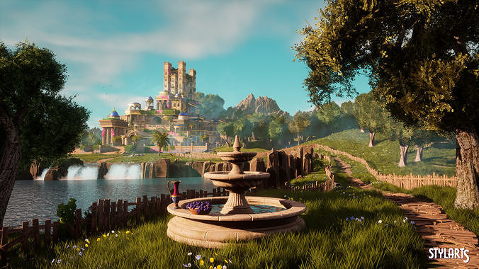 Stylized Paradise Gardens Low-poly 3D model view 3