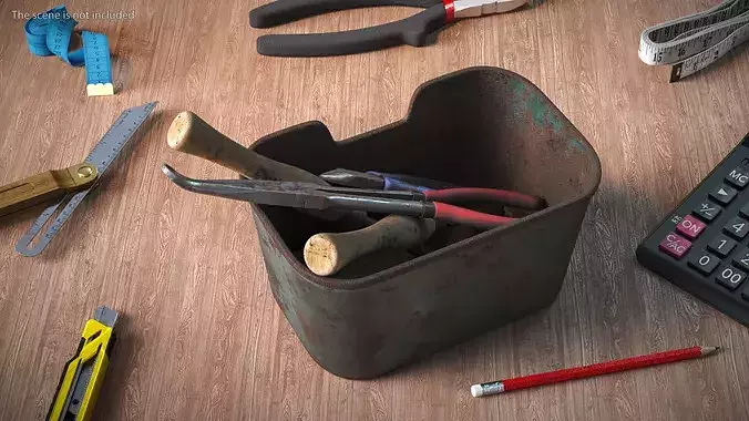 Old Hand Tool Set in Rusty Metal Tray 3D model view 3