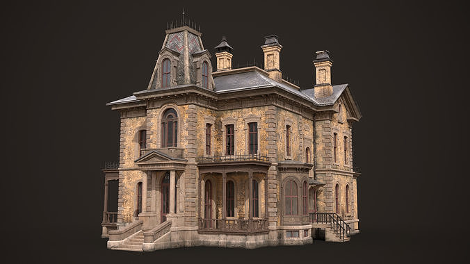 Abandoned Victorian House Low-poly 3D model view 2