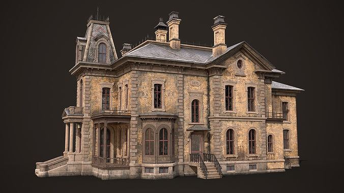 Abandoned Victorian House Low-poly 3D model view 3