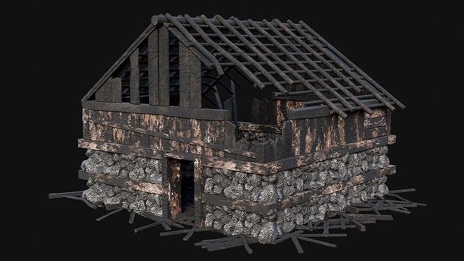 BURNED STONE HOUSES RUIN DESTROYED COTTAGE OLD AAA COLLECTION Low-poly 3D model view 2