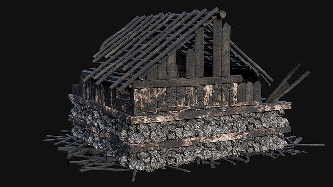 BURNED STONE HOUSES RUIN DESTROYED COTTAGE OLD AAA COLLECTION Low-poly 3D model view 3