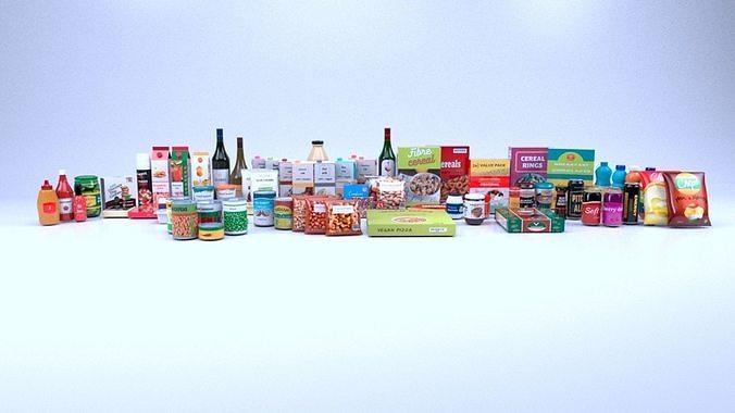 Groceries collection and beverage products Low-poly 3D model view 2