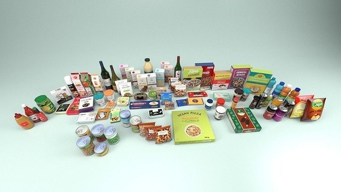Groceries collection and beverage products Low-poly 3D model view 3