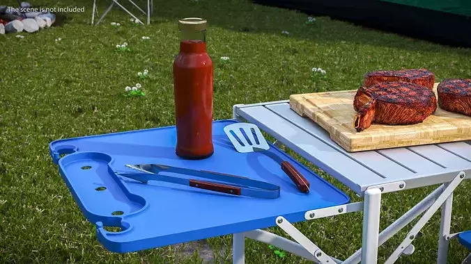 Camping Grill Table with Steak and BBQ Tools Blue 3D model view 2