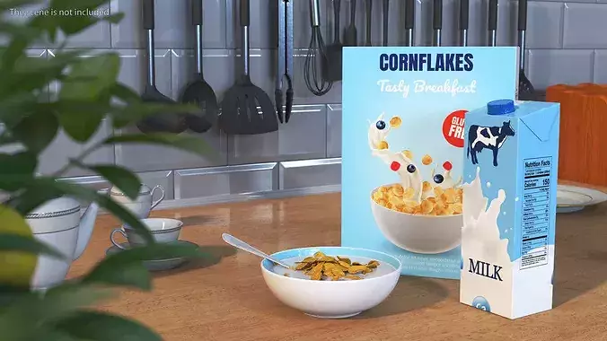 Breakfast with Milk and Cornflakes 3D model view 2