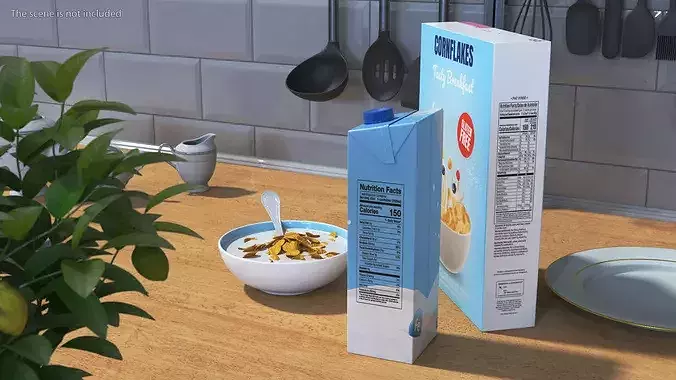 Breakfast with Milk and Cornflakes 3D model view 3