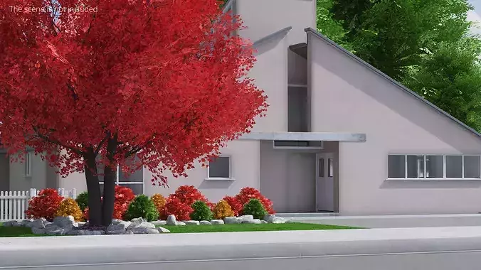 Minimalist House with Brick Chimney Beige Simplified 3D model view 3