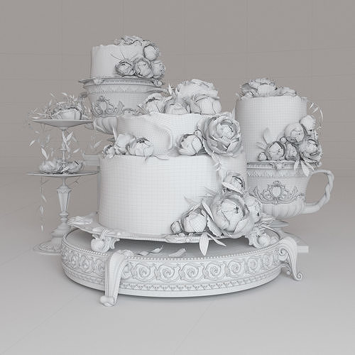 The Wedding cake with peonies 3D model view 2
