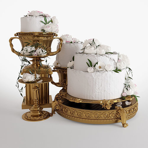 The Wedding cake with peonies 3D model view 3
