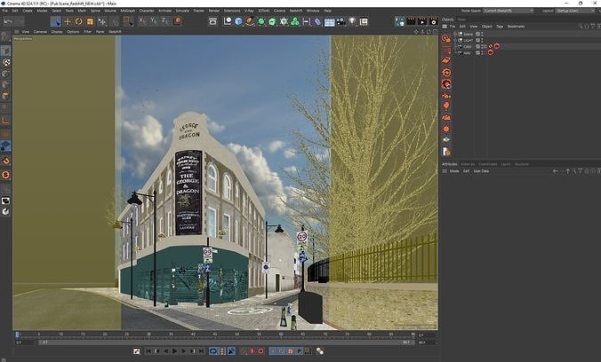 Redshift - C4D Scene files - Old London Pub Exterior 3D model view 3