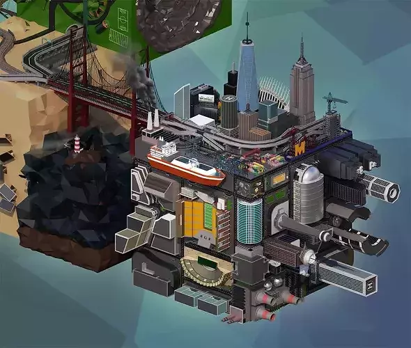 Low Poly Scenes futuristic city 3D model view 3