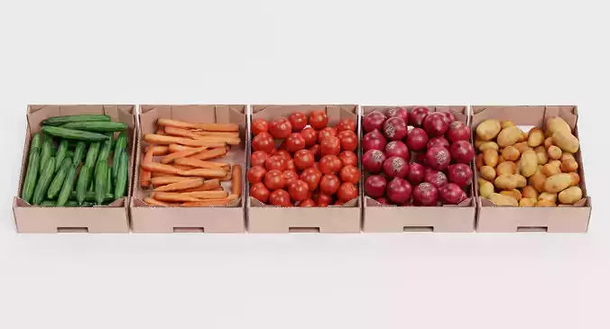 Vegetable in Boxes - Filled Cardboard Produce Crates 3D model view 2