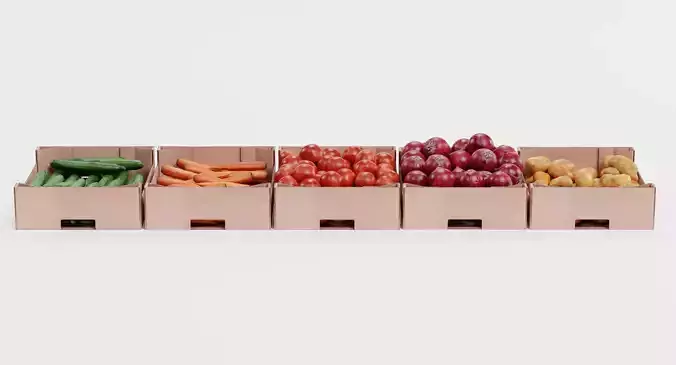 Vegetable in Boxes - Filled Cardboard Produce Crates 3D model view 3