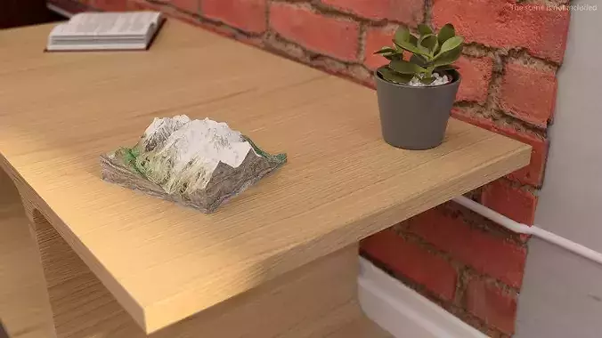 Wooden Minimalist Nightstand with Plant and Mountain Model 3D model view 3