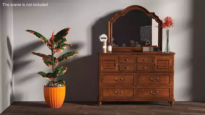 Classic Wooden Dresser with Mirror and Beauty Essentials 3D model view 3