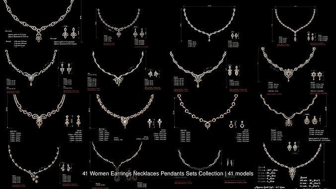 41 Women Earrings Necklaces Pendants Sets Collection 3D Model Pack view 3