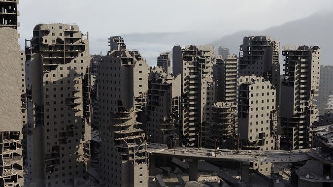 Post Apocalyptic Ruined City 3D model view 3