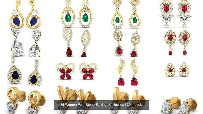 39 Women Pear Stone Earrings Collection 3D Model Pack view 3
