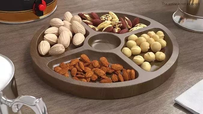 Round Wooden Tray with Nuts 3D model view 3