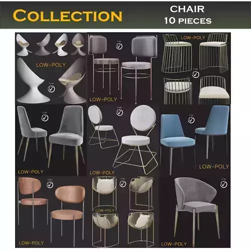 Chairs collection 3d model chair with metal frame Low-poly 3D model