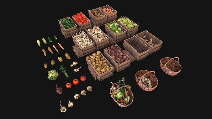 Set of Boxes of Vegetables Crate Medieval Farm Bazaar Food Stall Low-poly 3D model view 3