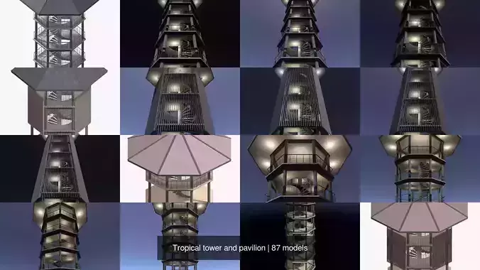 Tropical tower and pavilion 3D Model Pack view 3