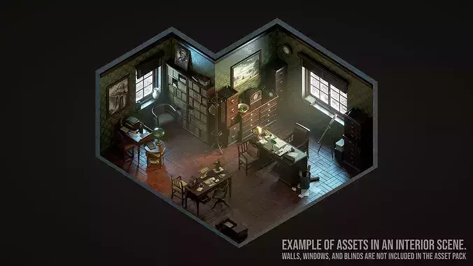 Vintage Office 1930s Asset Pack Low-poly 3D model view 3