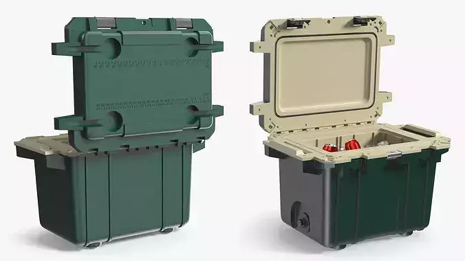 Insulated Camping Cooler Filled with Ice and Aluminum Cans 3D model view 3