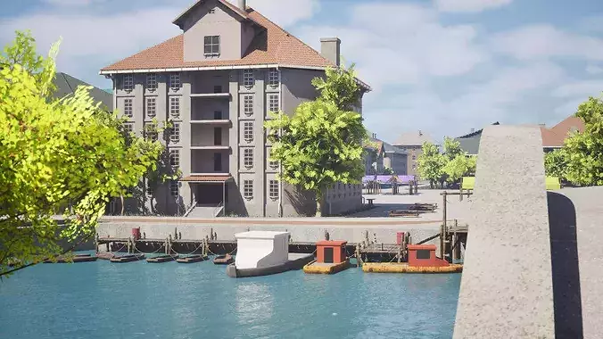 Coastal Town With Canals and Greenery 3D model view 3