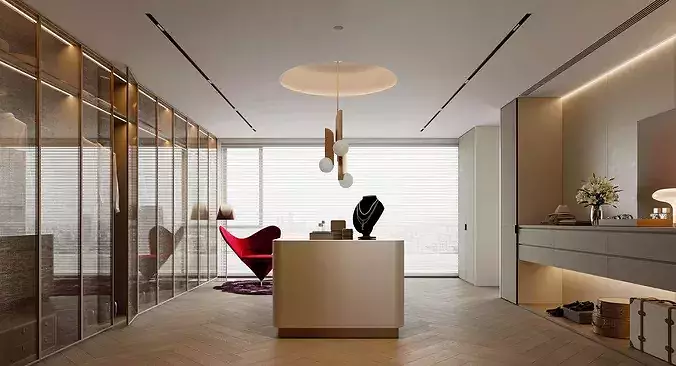 Modern master bedroom dressing room work room  3D model view 3