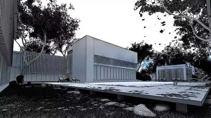 Modern Hotel with Swimming Pool and Patio 3D model view 3
