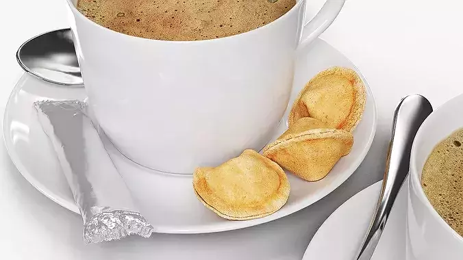 Hot Coffee Cup with Chocolate Stick and Cookies 3D model view 3