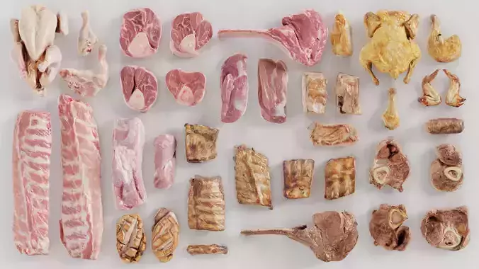 36 Meat and Chicken Raw and Cooked Low-poly 3D model
